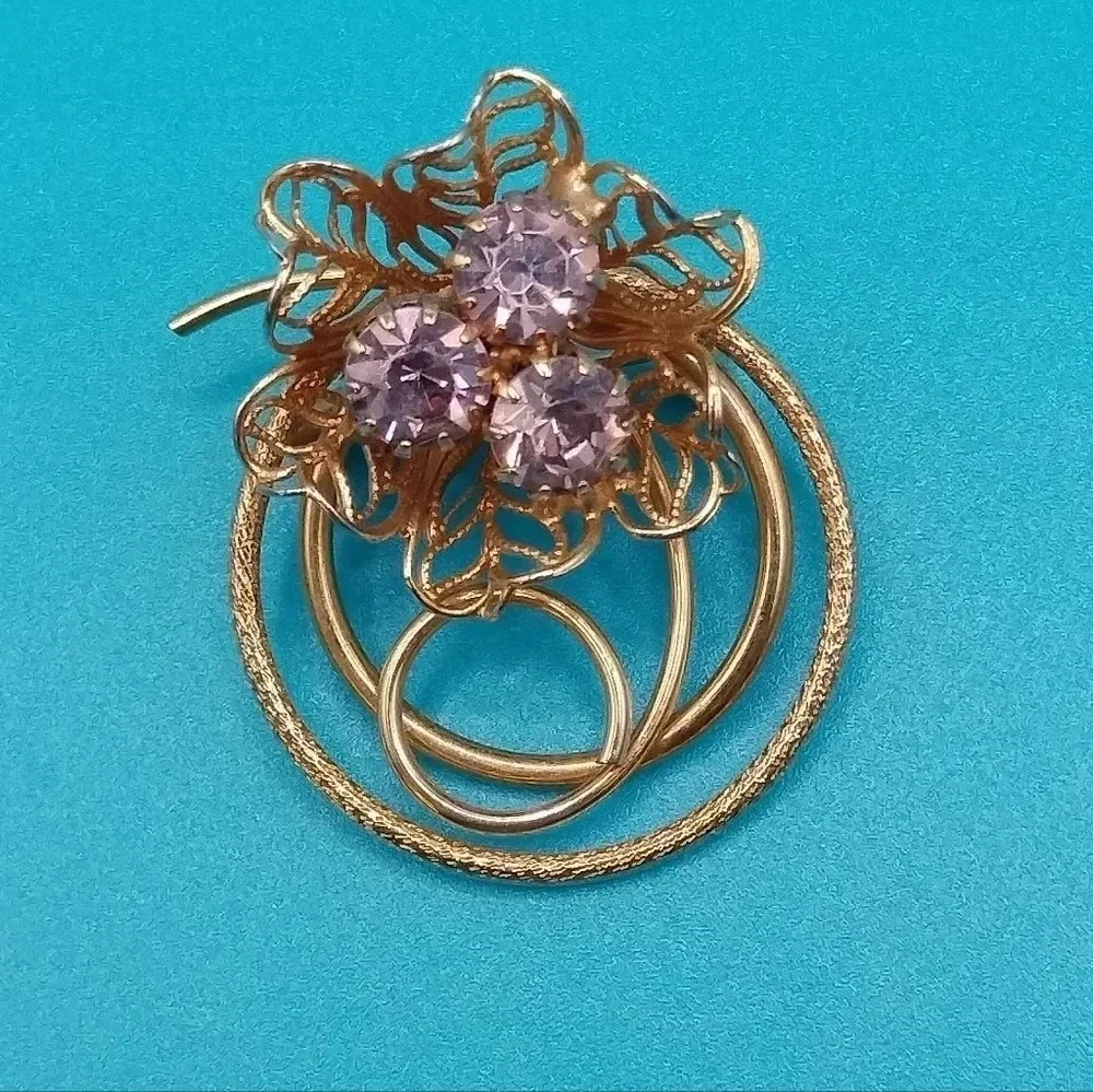 Gold Tone Circular Fashion Pink Rhinestones Brooch Pin 1